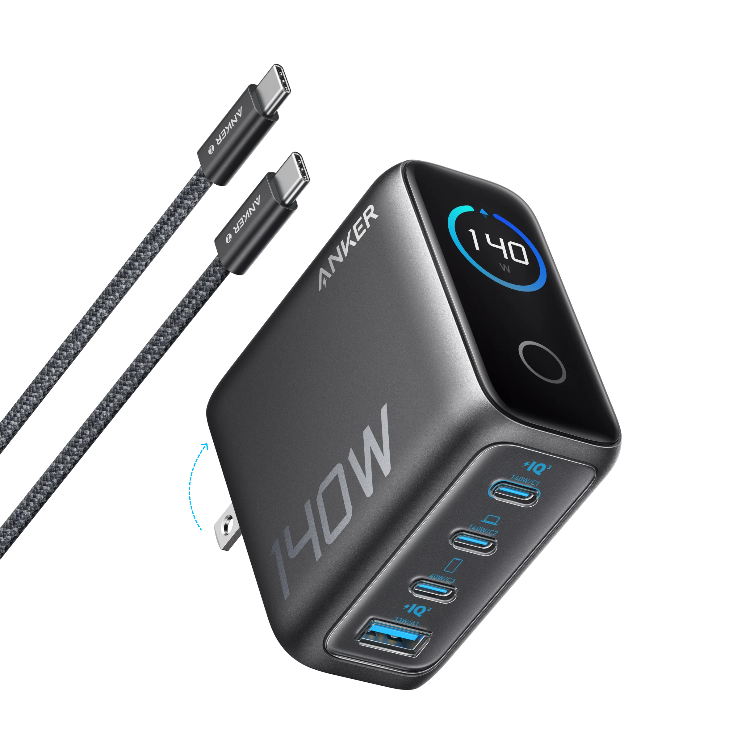 Anker 140W 4-Port USB Wall Charger with Built-In Screen